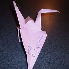 Purple Crane.jpg (Folded by school children for pancreatic cancer patients). [Author: Erinleary. From Wikimedia Commons]