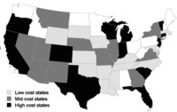 Regional variation by post adjustment cost tertiles for acute pancreatitis