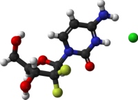 Ball-and-stick model of the protonated gemcitabine cation and the nearest chloride anion